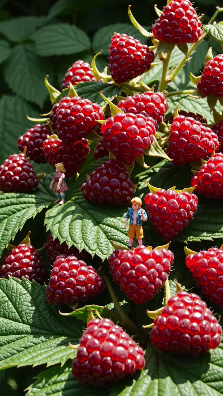 Miniature farmers exploring giant ripe raspberries growing on a bush with green leaves, enjoying the summer harvest in a surreal agricultural scene