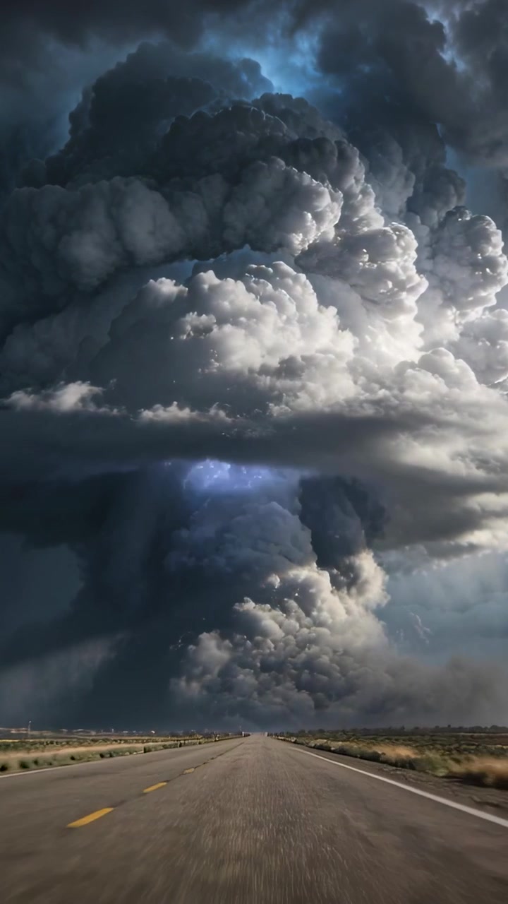 Vertical video: Unstable air sparking towering storm cloud forming over rural highway, tiny vehicle