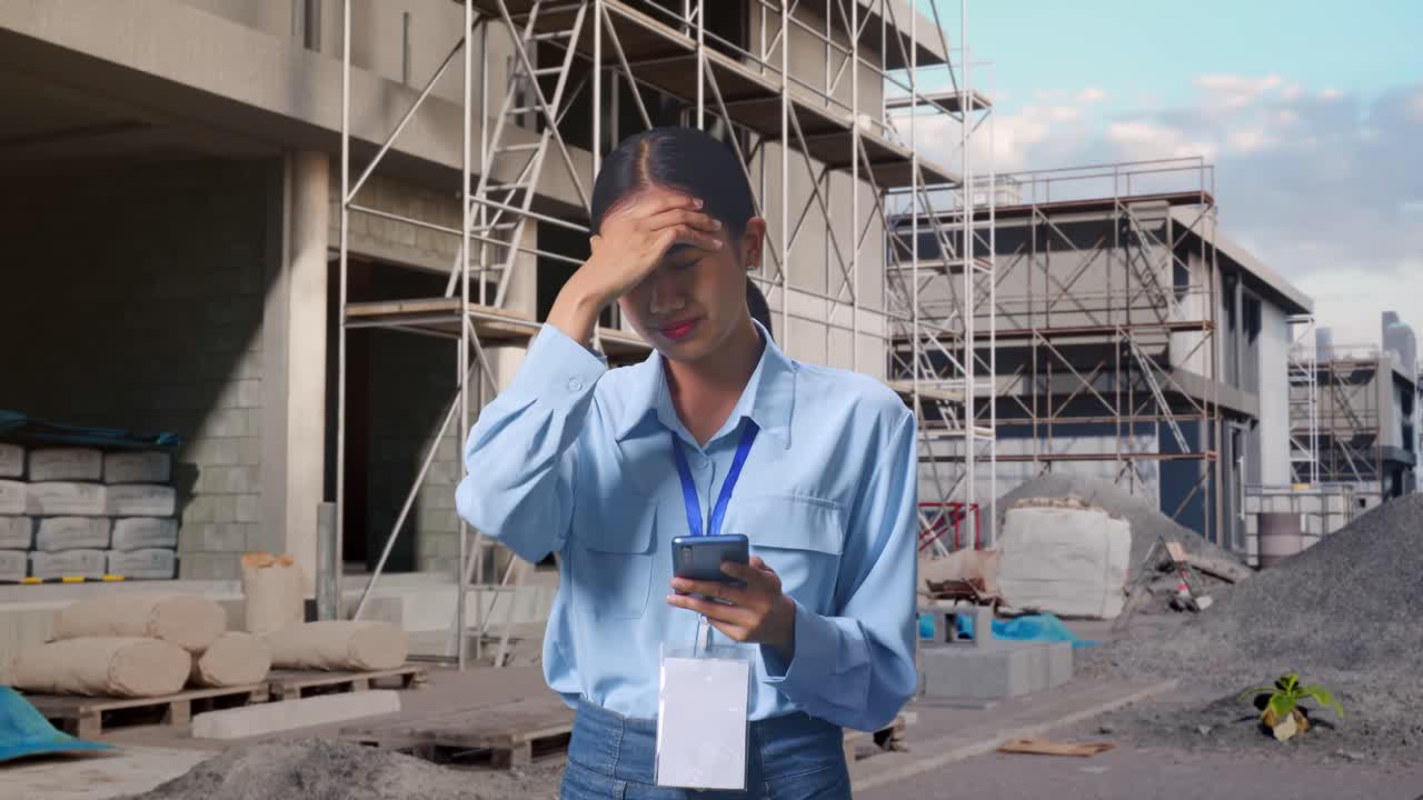 Asian Female With Her Smarphone At Construction Site in Progress to New House, She Is Nodding Her Shead With Dissapionted