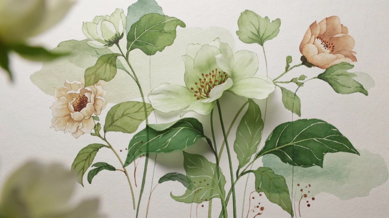 Bourgeon avant en dérive, l'objectif se déplace, faisant apparaître une fleur vert pâle sur un mur clair, avec une teinte crème pêche.