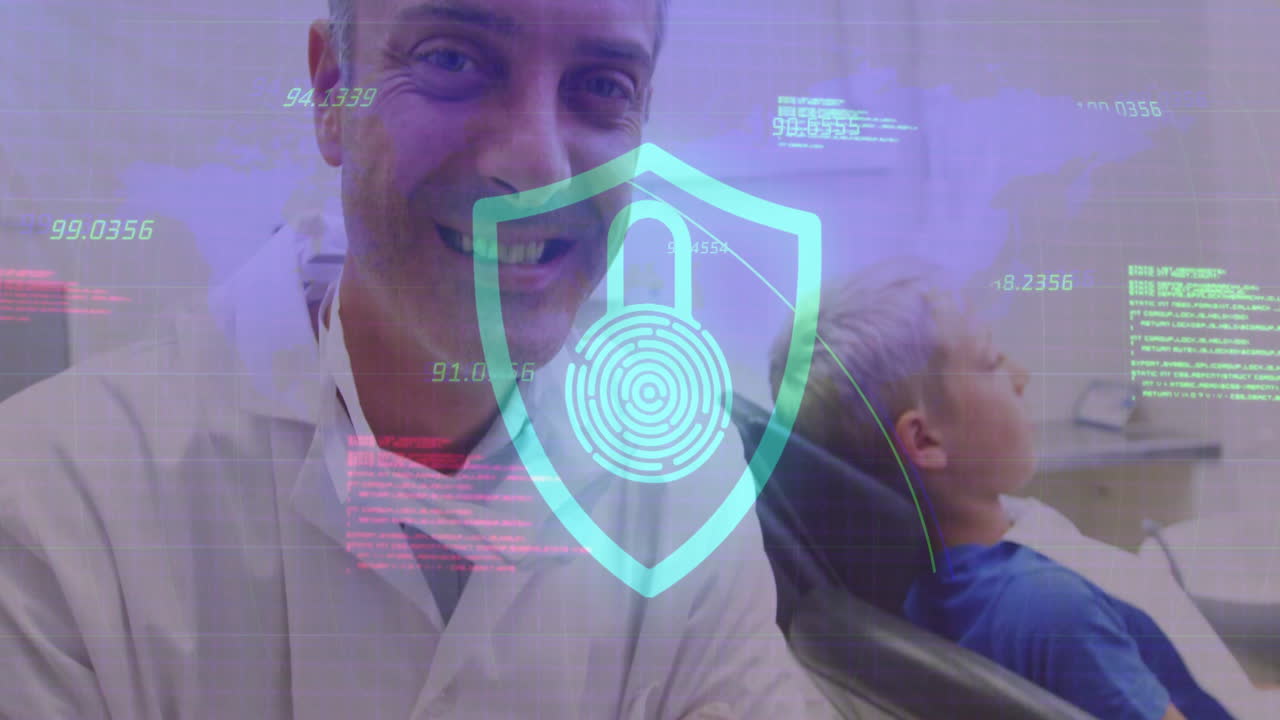 Dentist smiling at camera in dental clinic, with animated security shield and floating codes