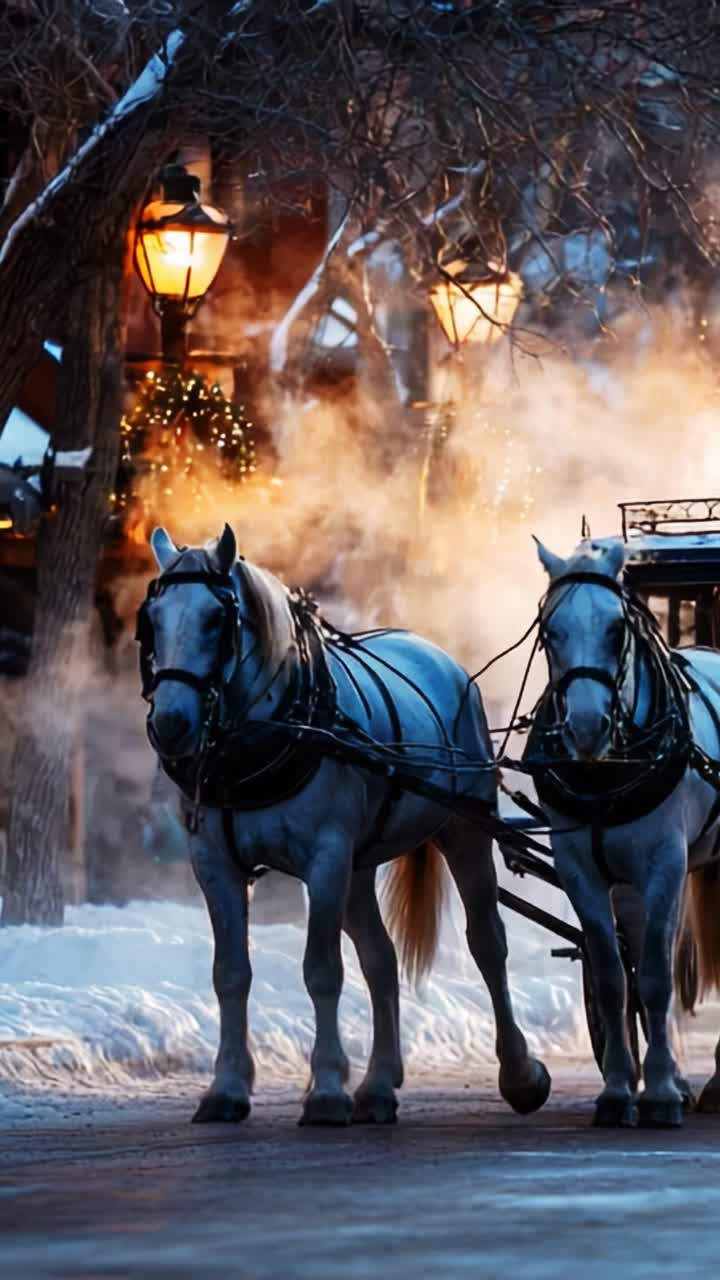 Una magica serata invernale immortalata: due eleganti cavalli bianchi trainano una carrozza decorata con gusto attraverso una strada innevata illuminata da lampioni vintage.