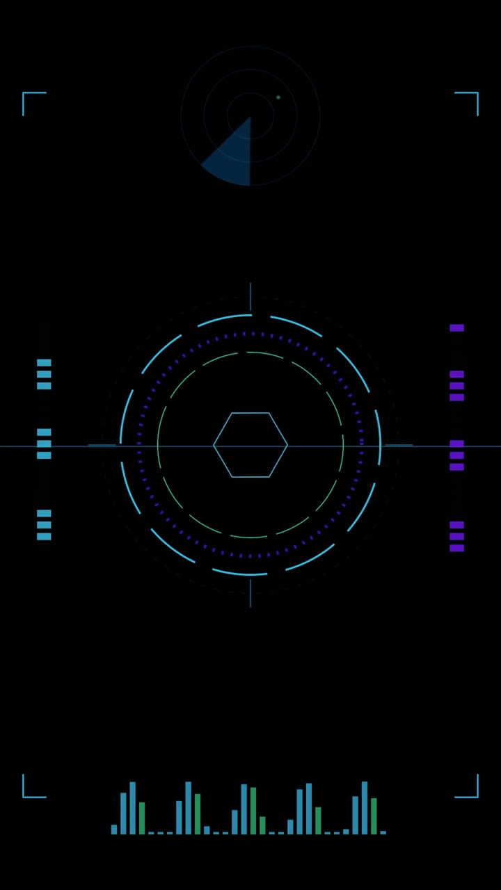 Futuristic Digital HUD Interface with Rotating Radar and Data Graphs