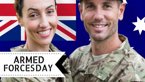 Animation-of-armed-forces-day-text-over-caucasian-male-and-female-soldiers