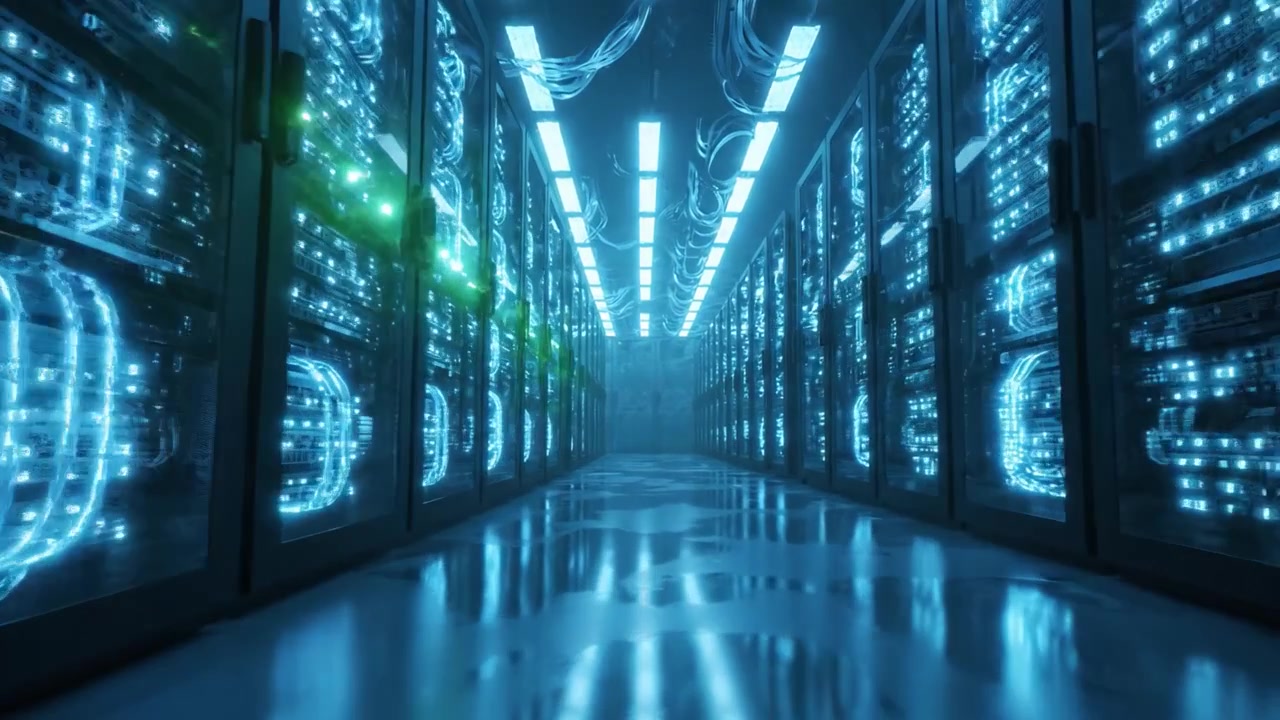 Et indblik i hjertet af moderne teknologi: En fantastisk udsigt over et topmoderne datacenter med rækker af højteknologiske servere oplyst i blåt lys