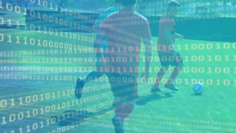 Animation-of-binary-coding-over-diverse-male-soccer-players-playing-at-stadium