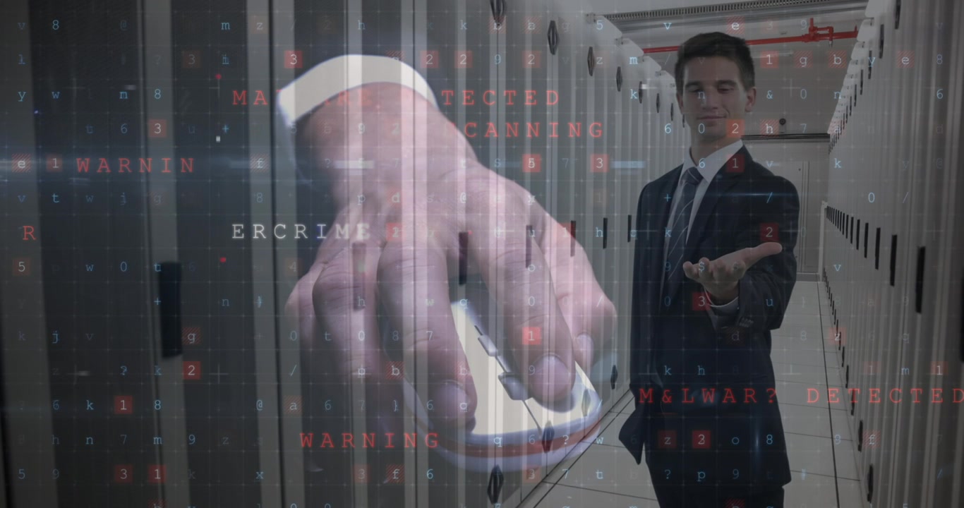 Animazione dell'elaborazione dei dati su uomo d'affari e server informatici