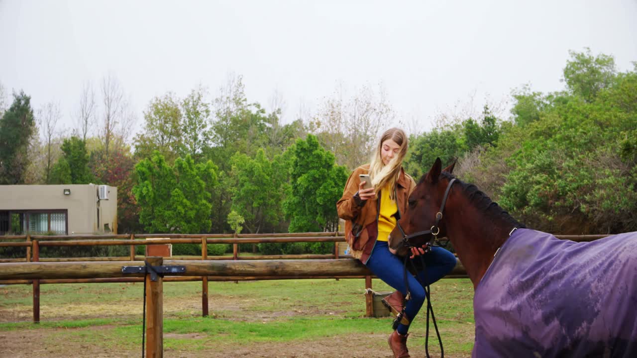 Woman using mobile phone with horse on wooden fence 4k