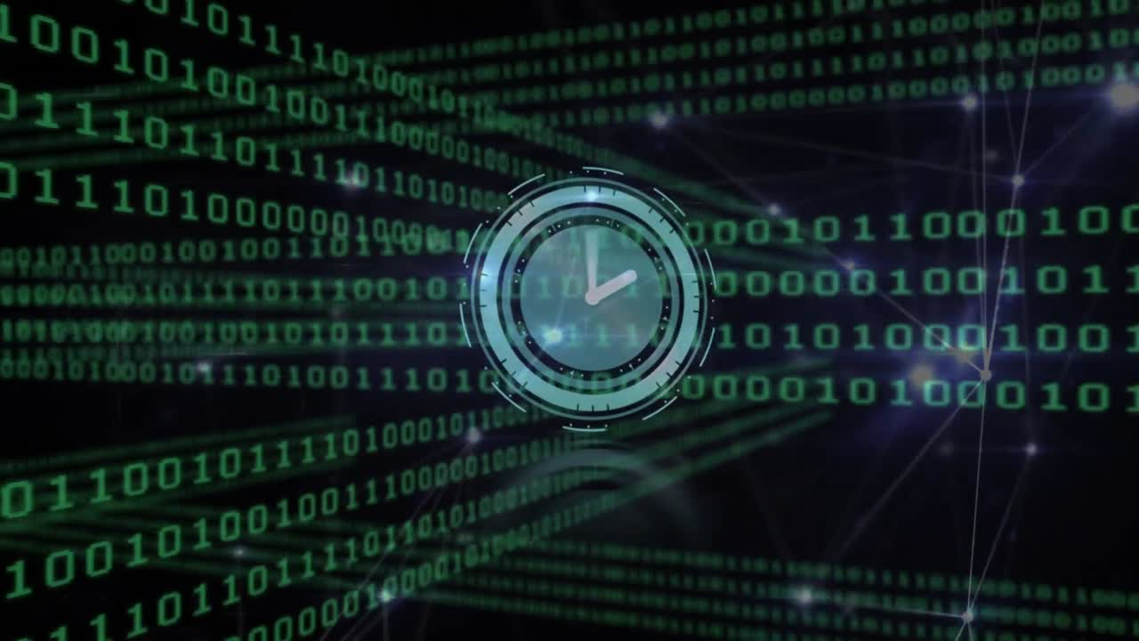 Animation of clock moving fast over binary coding