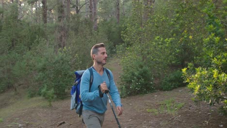 male hiker walking in forest