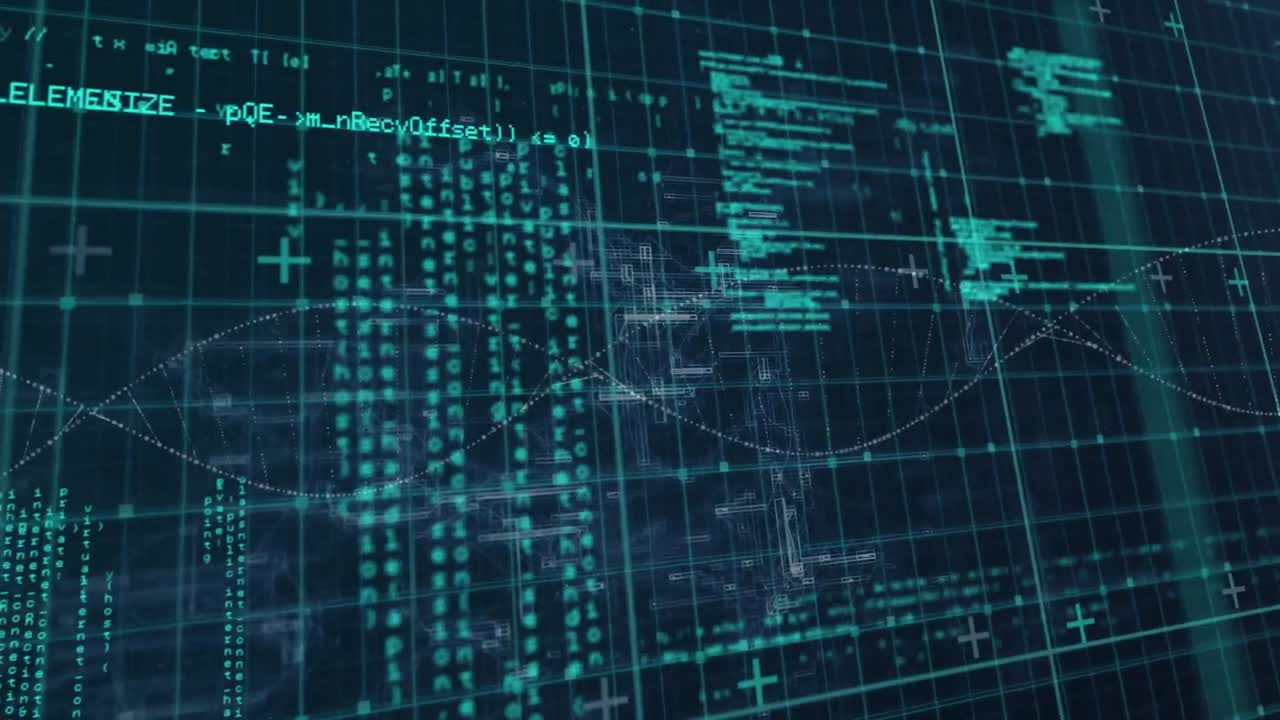 Animation of dna helix over computer programming language against abstract background