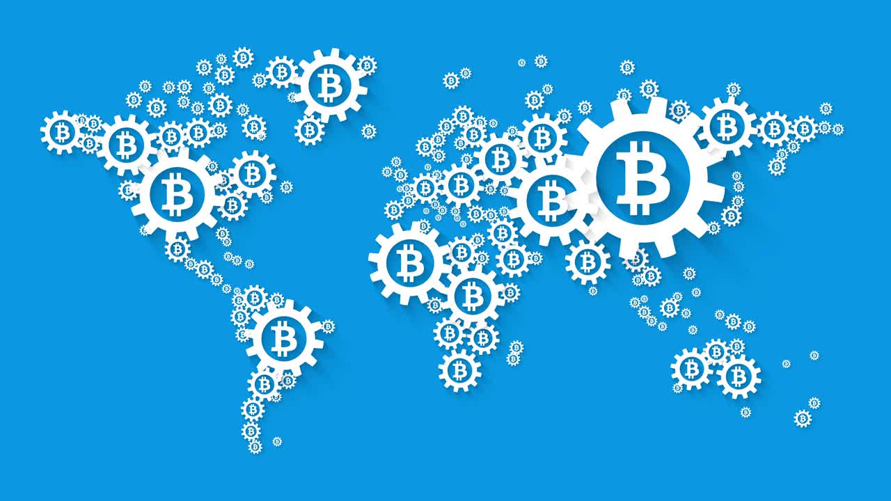 mapa del mundo con el concepto de bitcoin en fondo azul