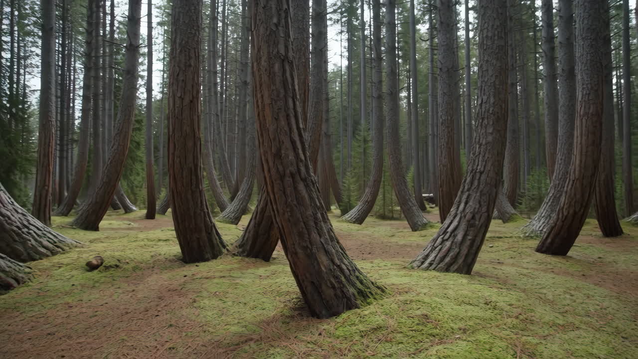 A peaceful forest scene with tall trees