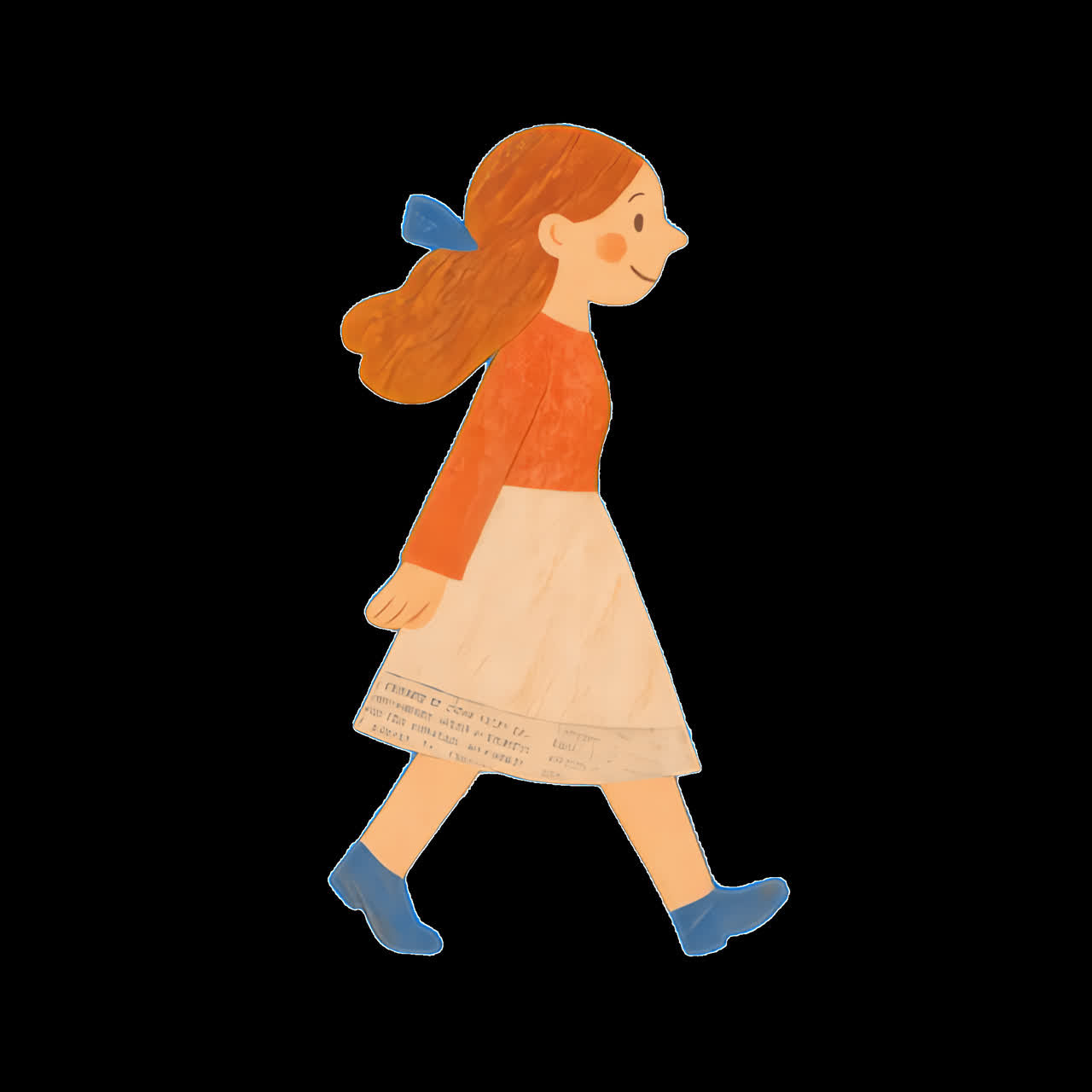 Whimsical girl illustration walking animation isolated asset, transparent 4K video, alpha channel