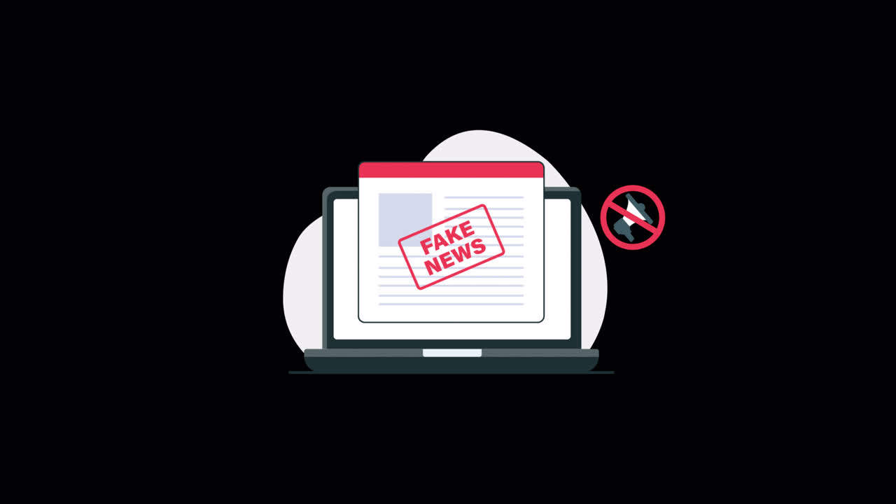 Animated Laptop Displaying Fake News Warning and Censorship Symbol