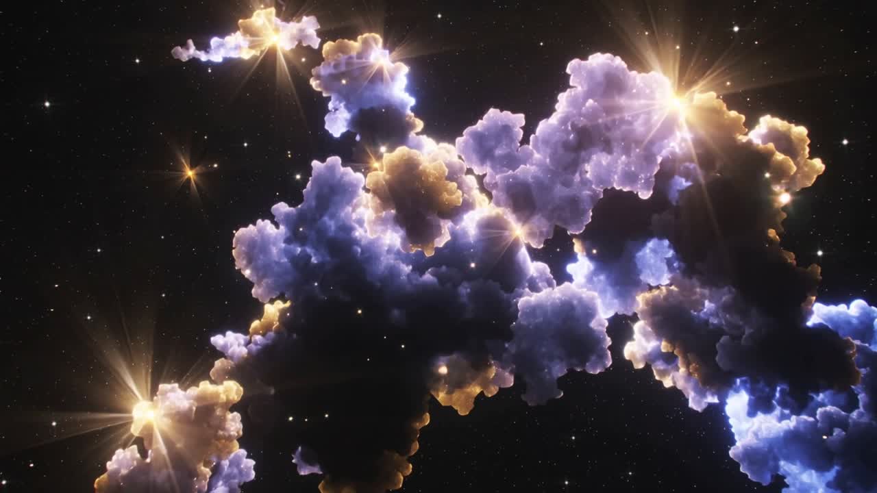 Telecamera in panoramica che avvicina una nebulosa alla deriva nello spazio, rivelando ammassi con bagliori stellari.
