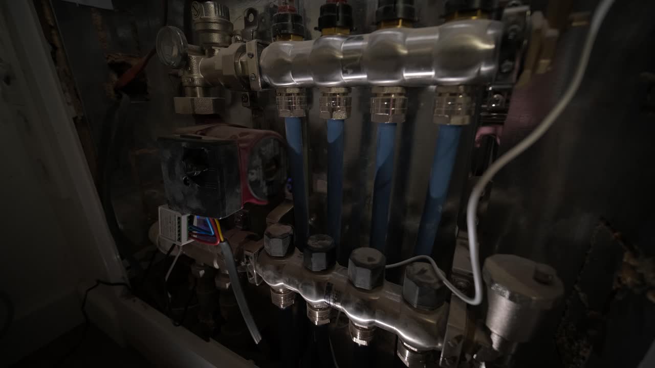 Close-up of a Heating System Manifold with Pipes and Valves