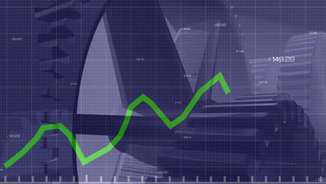animación de la línea verde y procesamiento de datos con engranajes girando en la cuadrícula y pantalla púrpura
