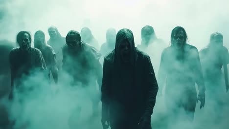 a group of people standing in a foggy field