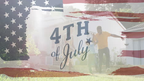 independence day text banner against african american family playing together in the garden