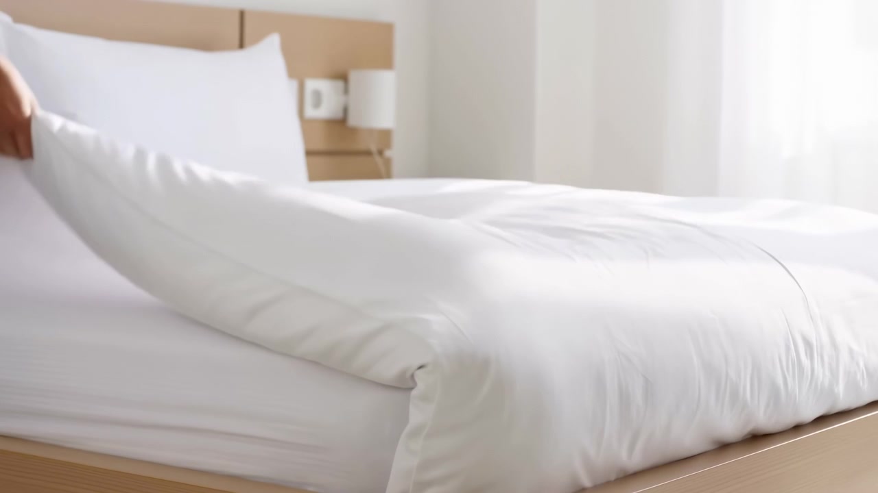 White bedding rises into a broad fold as a hand pulls the duvet upward, then falls smoothly across the mattress beside stacked pillows in a clean, sunlit bedroom with pale wood details.