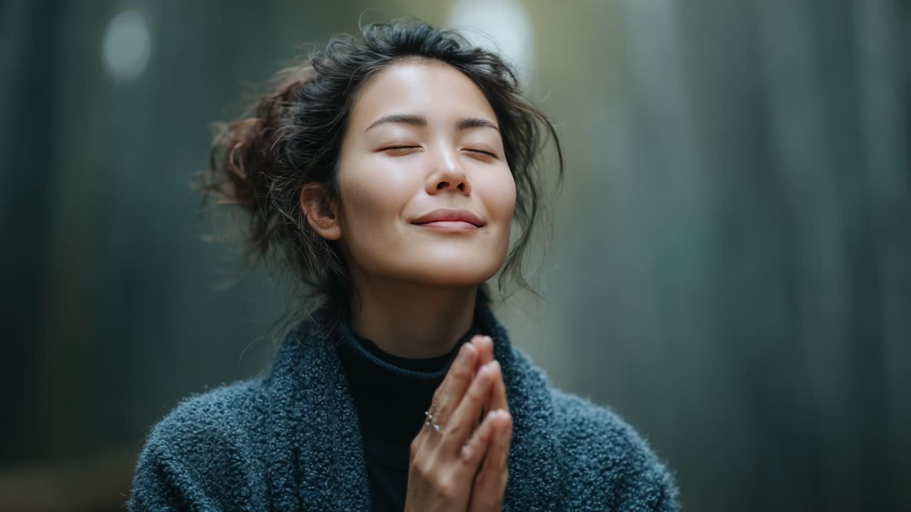 A serene moment of reflection and gratitude in nature, capturing the essence of inner peace and mindfulness as a woman gazes upwards with a tranquil expression