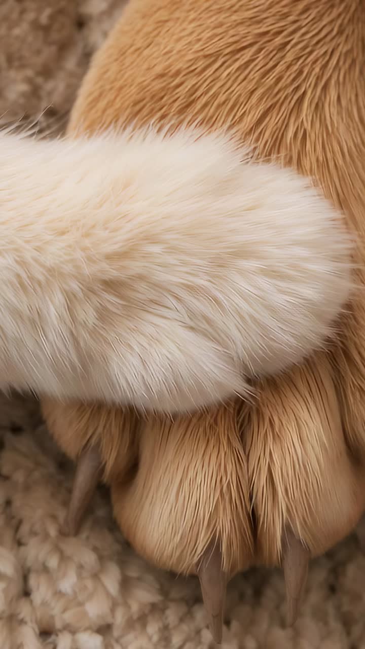 Vídeo vertical: una pequeña pata blanca se desliza sobre una pata color canela tras un ligero movimiento sobre la alfombra, mostrando las uñas