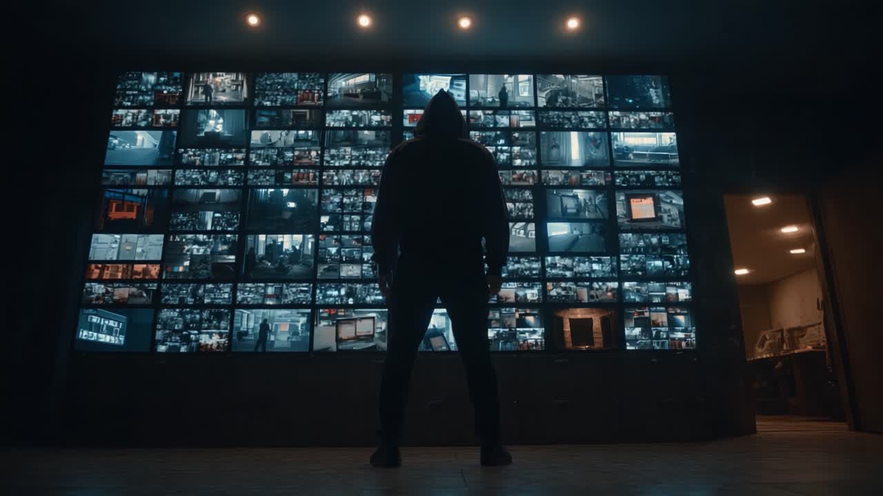 A Mysterious Figure in a Hooded Jacket Observes Multiple Surveillance Screens in a Dimly Lit Room, Engaged in a Deep Observation of Unfolding Events