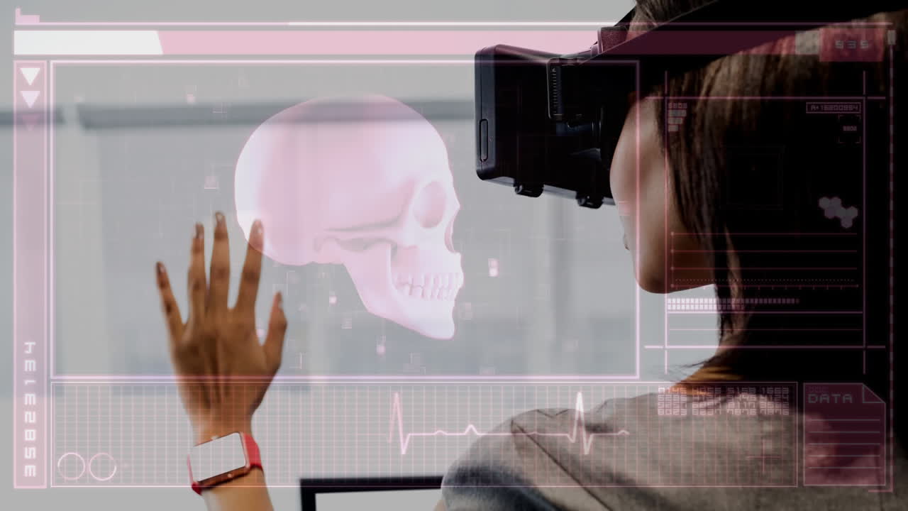 Wearing VR headset, person interacting with virtual skull hologram