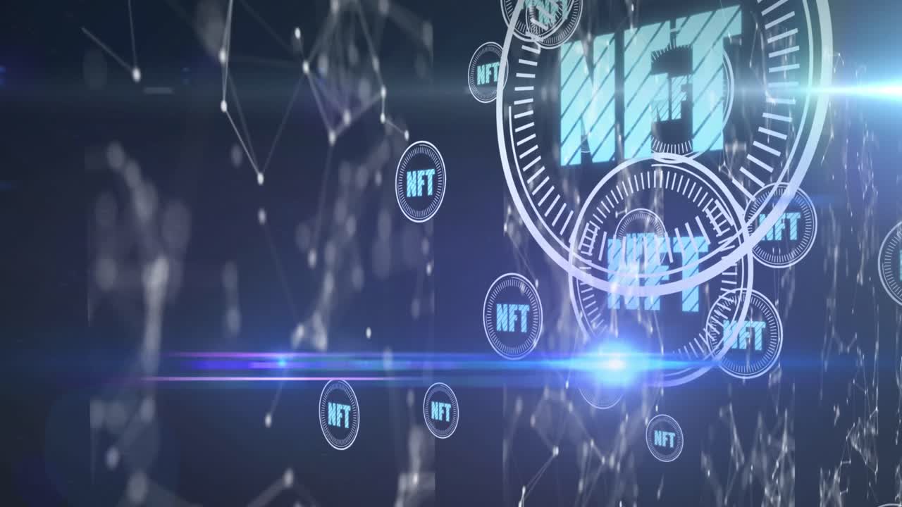 Nft text on multiple round scanners floating against network of connections on blue background