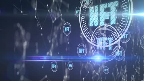 texto nft en múltiples escáneres redondos flotando contra la red de conexiones en fondo azul