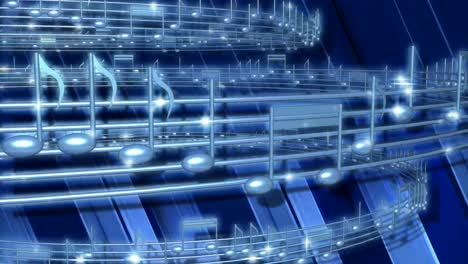 Rotating-Musical-Notes-and-Treble-Clef-on-the-blue-background,-loop-animation-4K,-motion-graphics