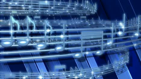 rotating musical notes and treble clef on the blue background, loop animation 4k, motion graphics