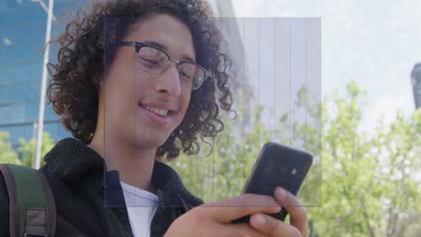 Animation-of-colourful-graph-over-smiling-biracial-man-using-smartphone-in-street