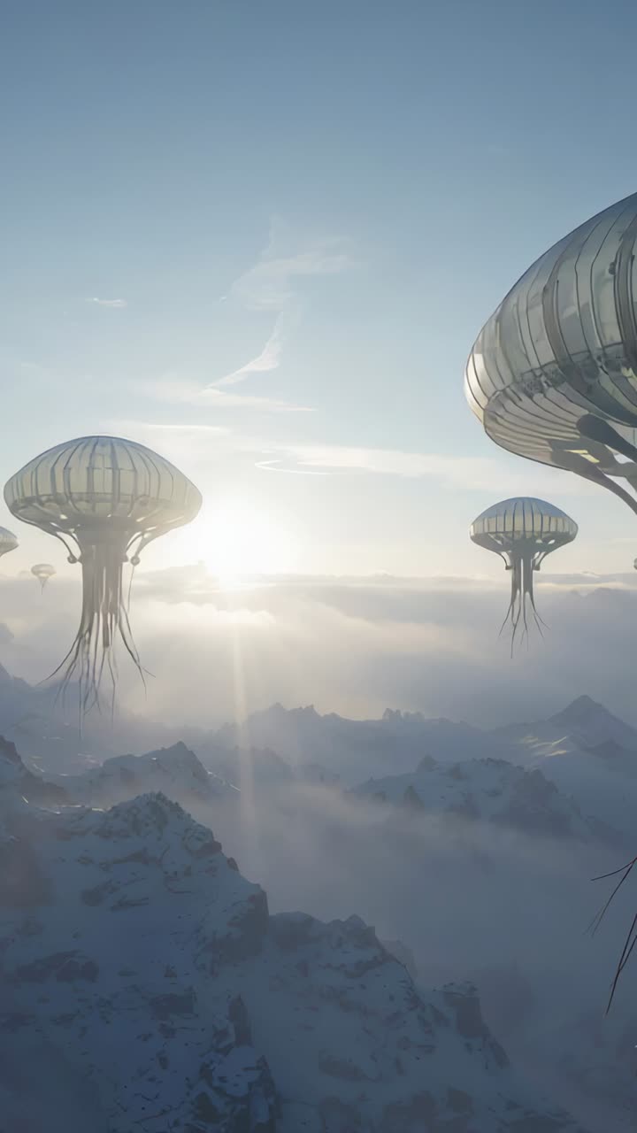 Vertical video: Cam panning revealing three jellyfish airships drifting over snow peaks, copy space