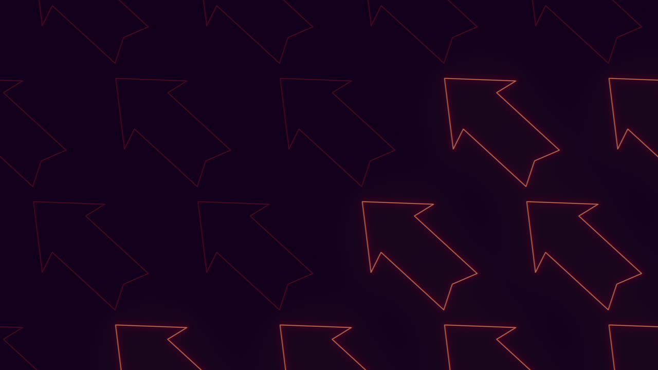 Vibrant neon sign with red arrows on reflective dark background