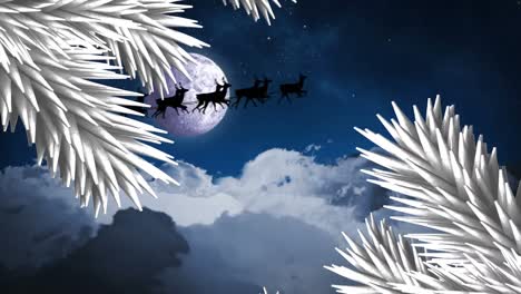 white christmas tree branches over santa claus in sleigh being pulled by reindeers against night sky