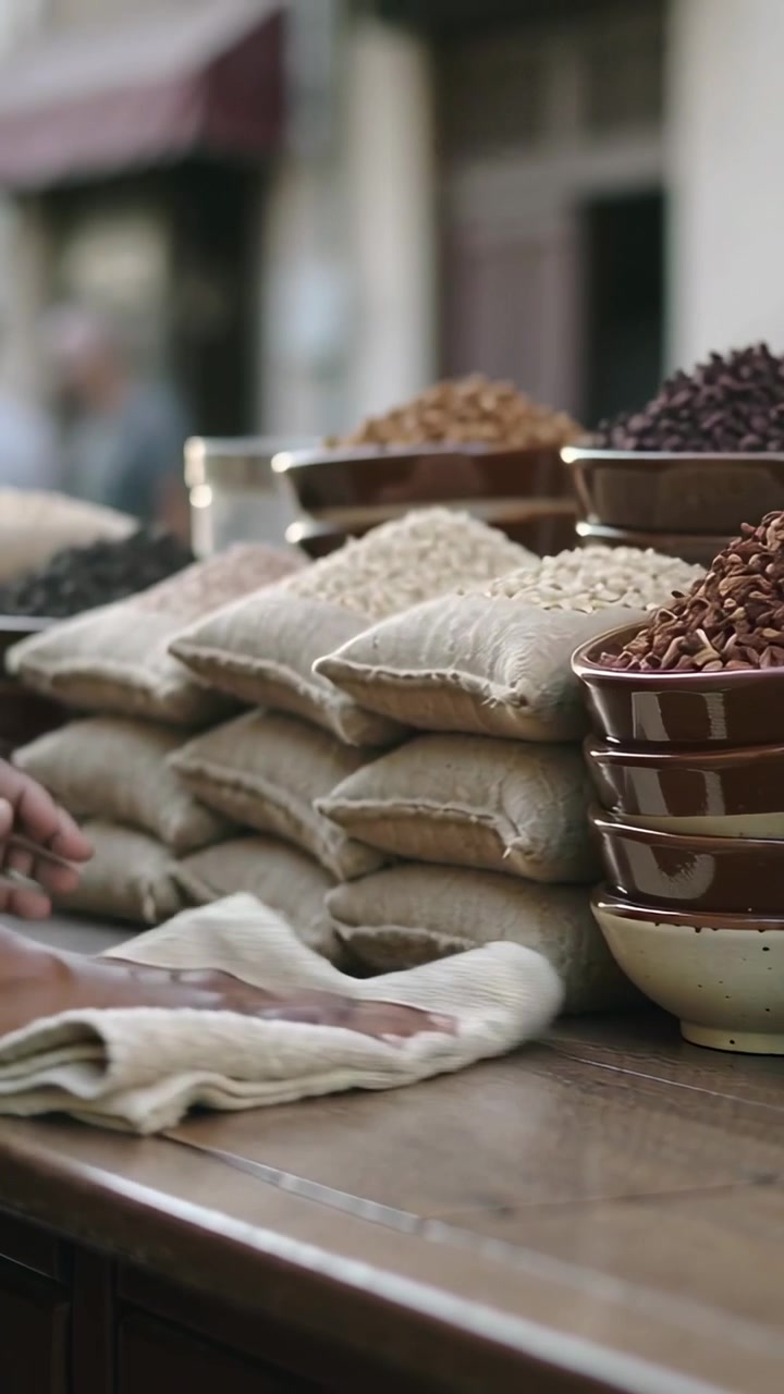 Vertical video: Wiping with cloth on bare forearm entering left, tidying market sacks and bowls