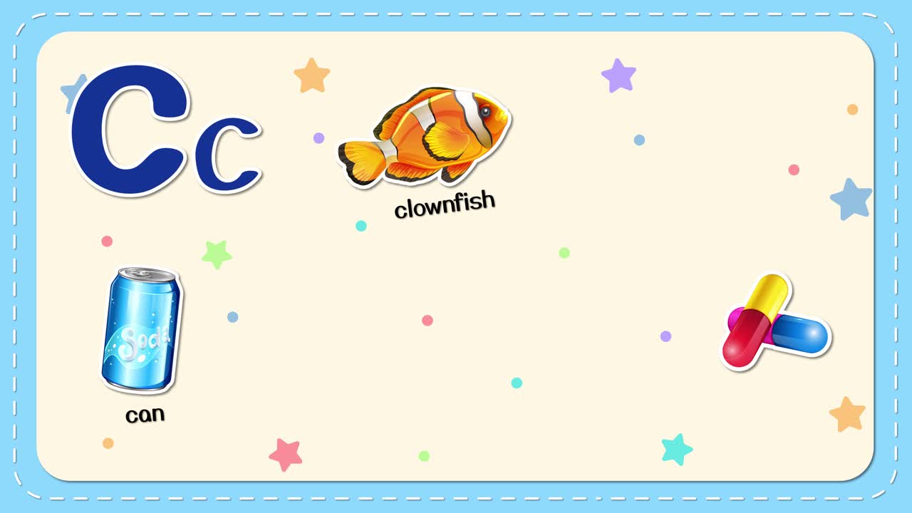 Una flashcard animata mostra la lettera C insieme a un pesce pagliaccio, una lattina, capsule, un astronauta, una macchina fotografica e un computer.