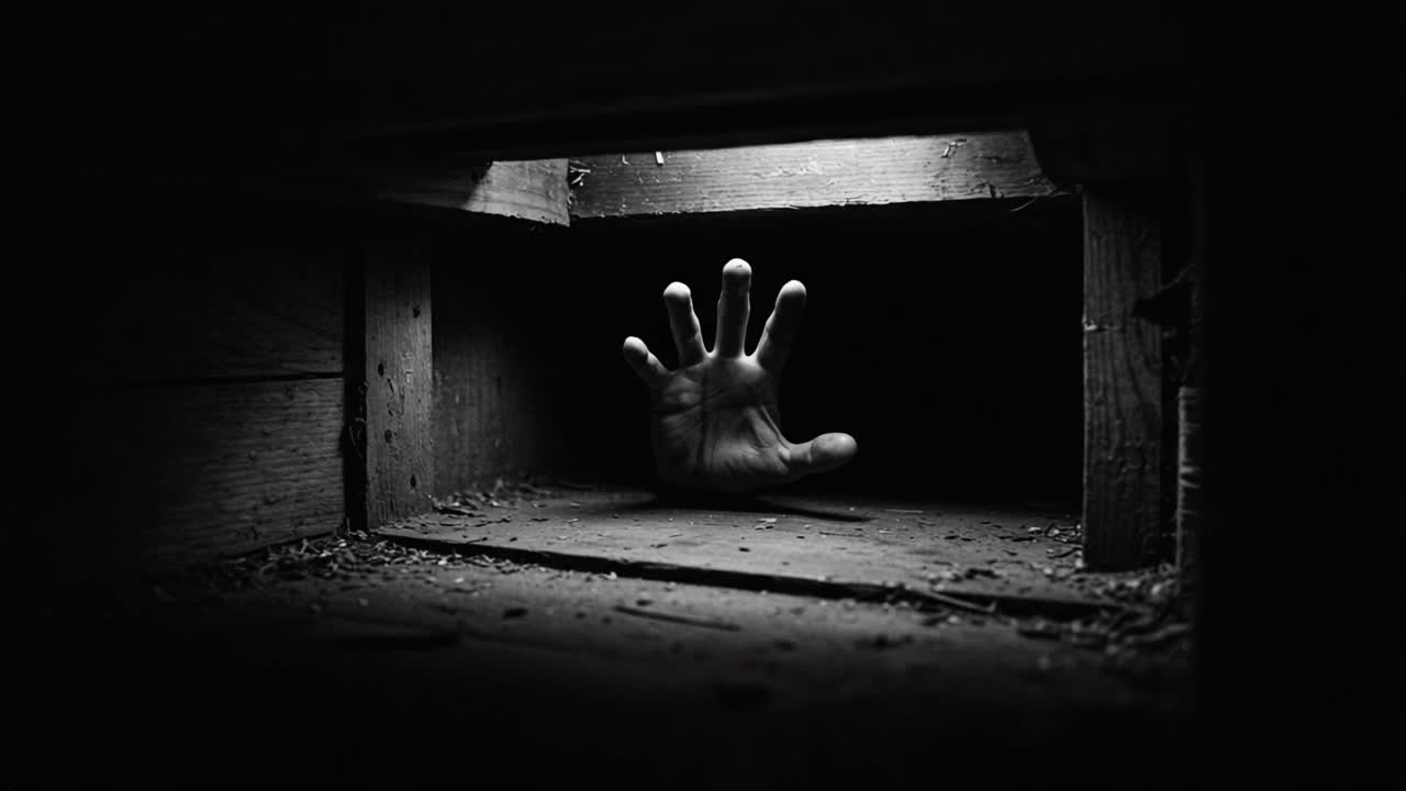 A Mysterious Hand Emerges from the Shadows Beneath a Floorboard, Creating a Chilling Atmosphere of Suspense and Eerie Anticipation