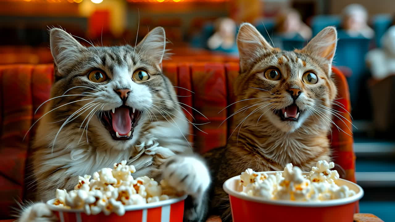 Cats snacking at the movies. Two cats sit side by side with popcorn in front of them. They appear curious and ready for a film experience