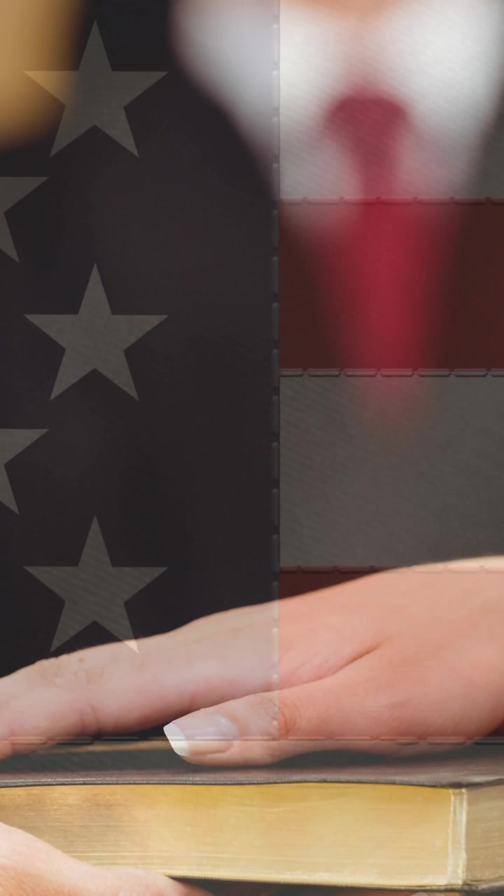 Animation of woman holding her hand on bible moving over american flag