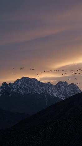 snowy mountain range basking in warm sunset colors, featuring silhouetted bird flock gliding across vibrant orange purple sky, capturing wilderness tranquility