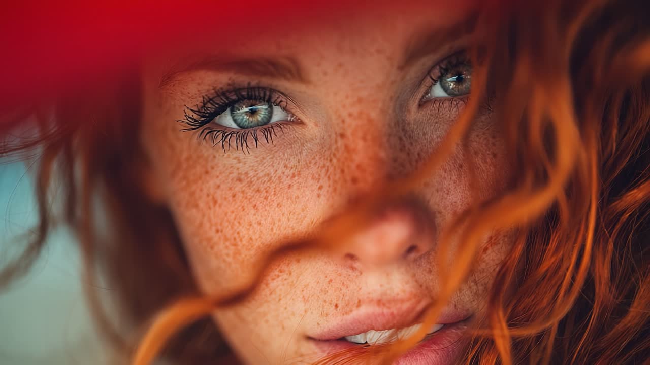 Fesselnde Nahaufnahme einer jungen Frau mit Sommersprossen und feuerrotem Haar, schönen Strähnen, die ihr Gesicht umrahmen, hervorgehoben durch faszinierende blaue Augen und weiche Gesichtszüge.