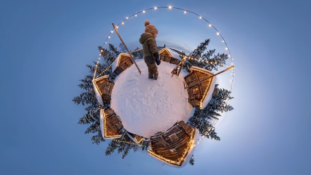 Little Boy Walks on a Tiny Planet of Snowy Cabins and Festive Lights