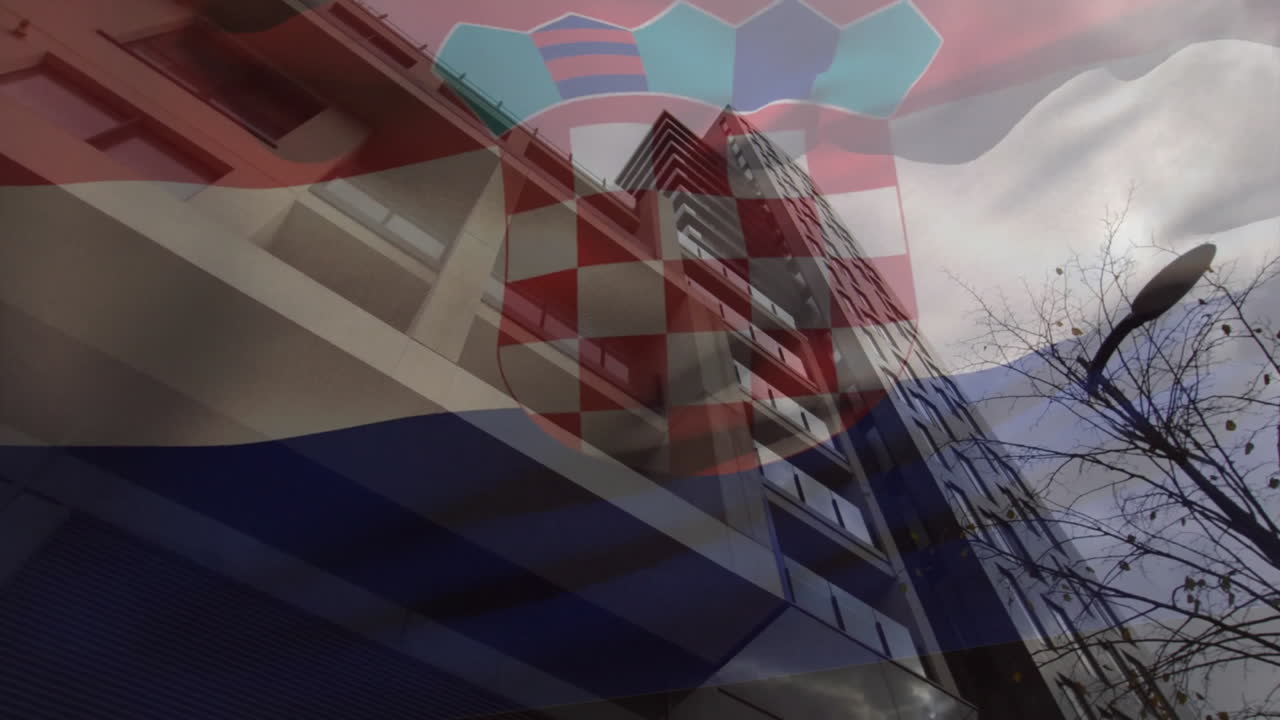 Croatian flag animation overlaying modern buildings against cloudy urban sky