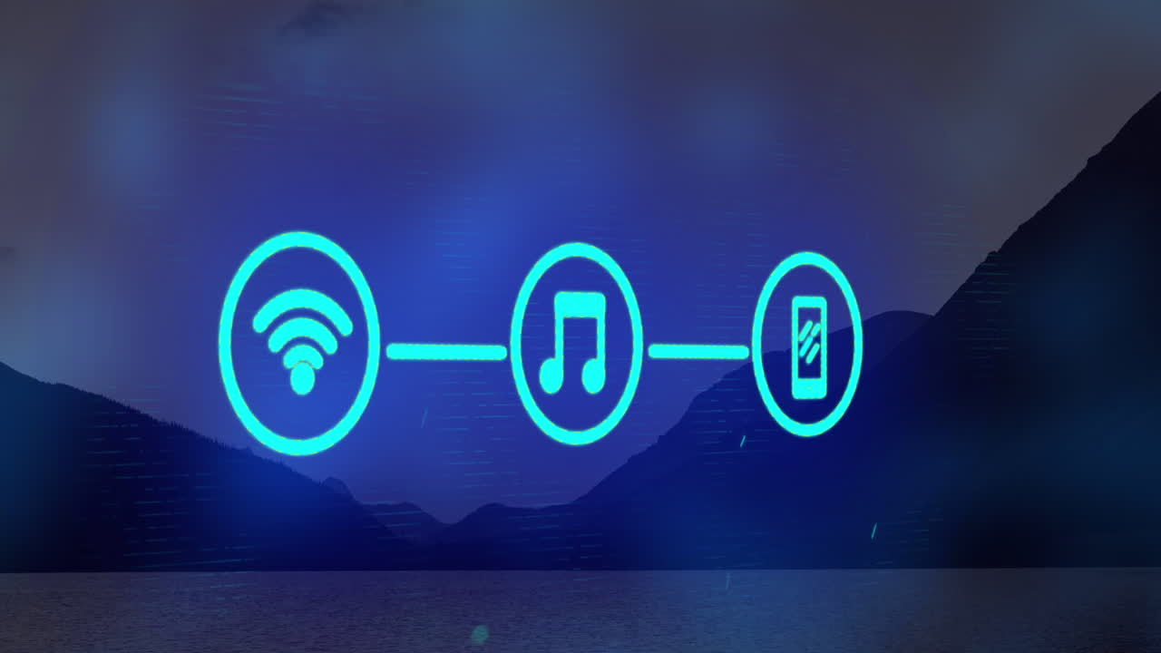 animación de tres iconos digitales flotando sobre el paisaje