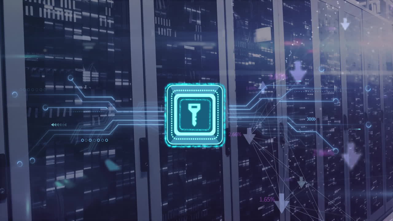 Animation of arrows and key over server room