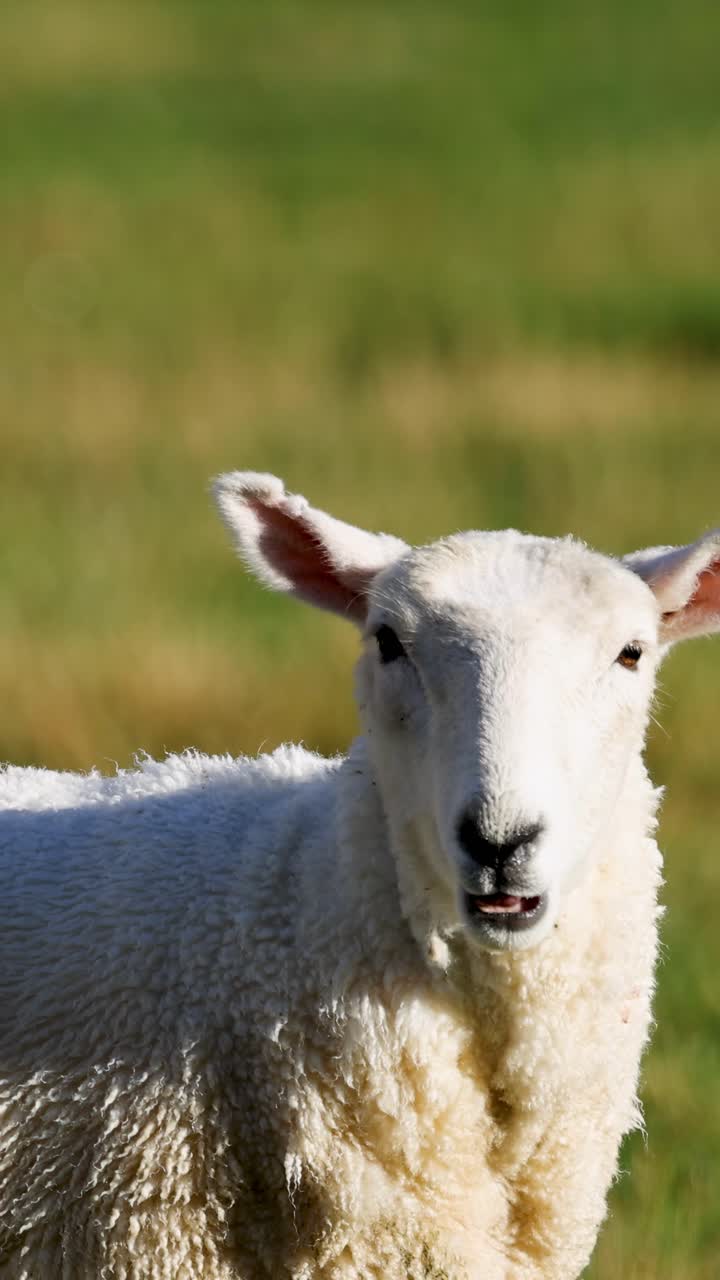 Una pecora Romney sta in un campo illuminato dal sole, mostrando calma e curiosità. Catturata a Queenstown, Nuova Zelanda