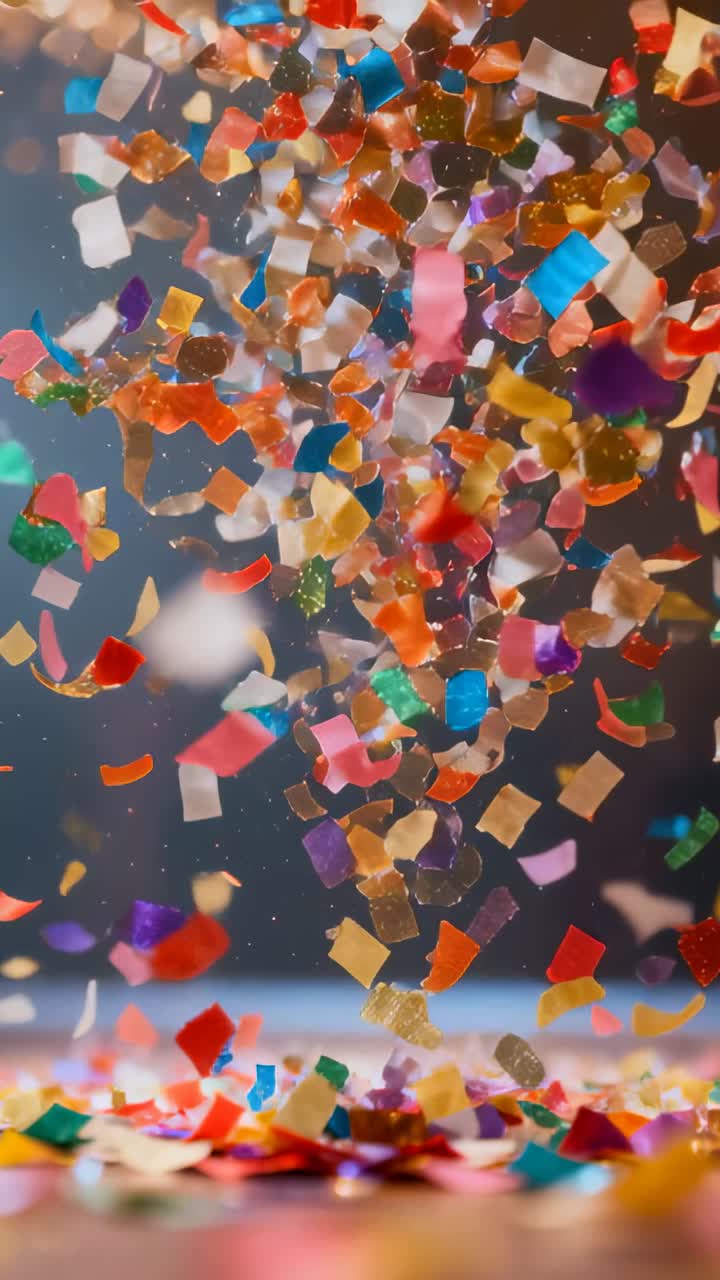 Video verticale: Coriandoli multicolori che cadono ammassandosi su una superficie da studio dopo essere stati lanciati per la ripresa.